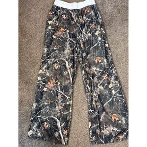 Camo Lounge Pants Womens Medium Brown Excellent Wide Leg Forest Print